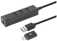 MANHATTAN 3-Port USB 3.0 Typ-C/A Kombo-Hub + Netzwerkadapter