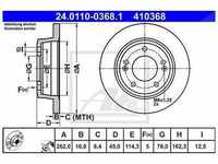 Ate Bremsscheibe Hinterachse Voll [Hersteller-Nr. 24.0110-0368.1] für Hyundai,...