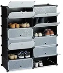 Relaxdays Schuhschrank mit 12 F&auml;chern Schwarz,Silber,Transparent