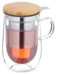 Relaxdays Teeglas mit Sieb und Bambusdeckel Hellbraun,Silber,Transparent