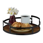 Relaxdays Rundes Tablett Holz und Metall Braun,Schwarz