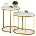 Relaxdays Satztisch 2er Set Marmoroptik & Metall Wei&szlig;,Gold