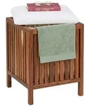 Relaxdays W&auml;schekorb aus Akazienholz mit Sitz Wei&szlig;,Braun