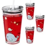 Relaxdays 4er Set Kindergl&auml;ser mit Walmotiv Rosa,Transparent,T&uuml;rkis