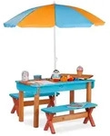 Relaxdays Kindersitzgruppe Garten mit Sonnenschirm Hellbraun,Orange,T&uuml;rkis