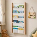 Relaxdays B&uuml;cherregal Kinder mit Stofftaschen Wand Wei&szlig;,Hellbraun