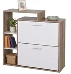 Relaxdays Schuhschrank mit 2 Klappen Wei&szlig;,Hellbraun,Silber