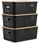Relaxdays Aufbewahrungsbox mit Bambusdeckel im Set Schwarz