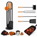 Relaxdays Kaminbesteck 5-teilig mit Holzgriffen Hellbraun,Schwarz