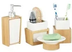 Relaxdays Badezimmer Set aus Bambus und Keramik Wei&szlig;,Hellbraun,Silber