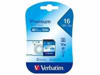 Verbatim SDHC-Card 16GB, Premium, Class 10, U1, UHS-I (R) 80MB/s, (W) 10MB/s,