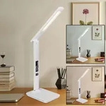 LED Schreib Tisch Lampe B&uuml;ro Leuchte Chrom Lederoptik Datum Uhrzeit Touch Dimmer