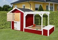 Weka Spielhaus 818 275 x 122 cm rot-wei&szlig; mit Sandkasten, Pergola, Truhe