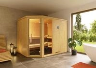 Weka Element-Ecksauna Varberg 4 GTF mit Glast&uuml;r und Fenster