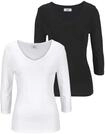 V-Shirt FLASHLIGHTS, Damen, Gr. 32/34, schwarz-wei&szlig; (wollwei&szlig;, schwarz), Feinripp,