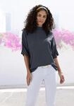 Kurzarmshirt LASCANA "mit Stehkragen", Damen, Gr. 44/46, blau (navy), Cr&ecirc;pe,
