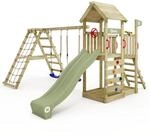 Spielturm MultiFlyer mit Wellenrutsche, Sandkasten und Kletteranbau - Massivholz