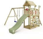 Kinderspielturm MultiFlyer mit Rutsche, Holzdach & Schaukelanbau - Massivholz