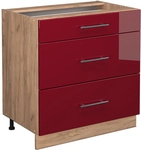 K&uuml;chenunterschrank Fame-line, Bordeaux Hochglanz, 80 Cm Mit 3 Schubladen, Ohne