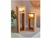 2x Windlichtsäule Wood aus Holz & Glas, 30 + 40 cm hoch, Kerzenhalter,