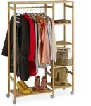 Rollgarderobe Bambus, Mobiler Kleiderst&auml;nder, 6 Ablagen, Offen, Garderobenstange,
