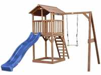 Beach Tower Spielturm aus Holz in Braun Spielhaus für Kinder mit blauer Rutsche,