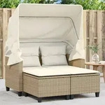 Gartensofa 2-sitzer Mit Dach Und Hockern Beige Poly Rattan - Vidaxl