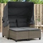 Gartensofa 2-sitzer Mit Dach Und Hockern Grau Poly Rattan - Vidaxl