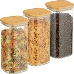 Relaxdays - Vorratsgl&auml;ser Mit Bambusdeckel, 3er Set, Eckige Vorratsdosen Aus Glas,