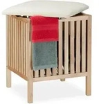 W&auml;schekorb Mit Sitz, Badhocker Mit Stauraum, 40 L W&auml;schesammler, Holz/stoff, Hbt: