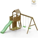 Spielturm 'boomer 3', Teak, Mit Rutsche, Doppelschaukel, Leiter, Griffe, Kletterwand