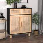 Sideboard Schwarz 60x30x75cm Massivholz Kiefer Und Natur-rattan - Vidaxl