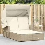 Vidaxl - Doppel-sonnenliege Mit Dach Und Auflagen Beige Poly Rattan
