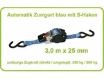 Kerbl - Zurrgurt Automatik 25mm / 3,0 Mtr. Zurrkraft 300/600kg S-haken