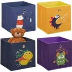 Relaxdays - 4er Set, Kinder Aufbewahrungsboxen, Tiere & Monster, Faltbox F&uuml;r