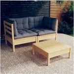 Vidaxl 3 Piece Garden Lounge Set With Grey Cushions Pinewood