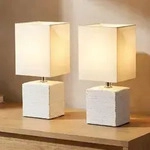 2er Set Tischleuchte Beistelllampe Stoffschirm Nachttischlampe Keramik Wei&szlig;