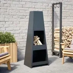 Vidaxl Gartenkamin Mit Holzablage Turm-design Schwarz Stahl