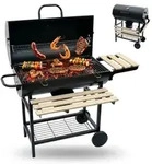Relaxdays Holzkohlegrill Grillwagen, Deckel & Thermometer, Mobiler Bbq-grill,