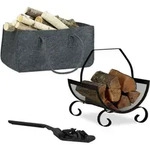 3 Tlg. Kamin-set, Kaminholztasche, Kaminholzkorb, Kohlenschaufel, Filz, Stahl,