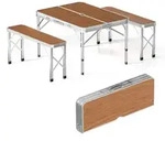 Koffertisch Mit 2 B&auml;nken Holzdesign Aluminium 90x66x70 Cm Campingtisch Klappbar