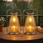 Led Solarleuchte Laterne Au&szlig;enlampe Gartendeko Balkonlampe, Metall Glas Amber