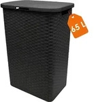 Kunststoff W&auml;schekorb Anthrazit Mit Deckel In Rattan Optik - 65 Liter -