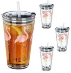Glasbecher Mit Deckel & Strohhalm, 4er Set Flamingo Gl&auml;ser, 450 Ml,