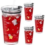 Kindergl&auml;ser 4er Set, Einhorn-motiv, Trinkglas Kinder, Deckel & Strohhalm, 450 Ml