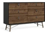 Rye Kommode Breit 6 Schubladen Mattschwarz, Walnuss Dekor.