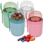 Relaxdays M&uuml;slibecher To Go, 4er Set, 3 F&auml;cher, L&ouml;ffel, Auslaufsicher, 400 & 280