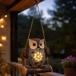 Solar Gartenfigur Eule Auf Schaukel Zum H&auml;ngen - 17 X 14 Cm - Eulenfigur Warm...