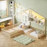 Kinderbett 90x200 Cm Mit Led Und Regalen, In Naturholz, Ohne Matratze