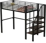 Hochbett Einzelbett Mit Treppe Und Stauraum 90 X 200 Cm, Ohne Matratze, Aus Metall,